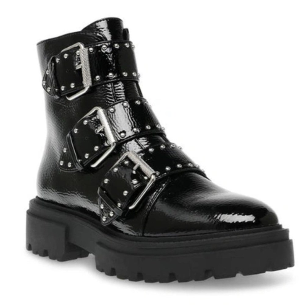 STEVEN NEW YORK
Alaine Studded Lug Sole Boot In Black Patent